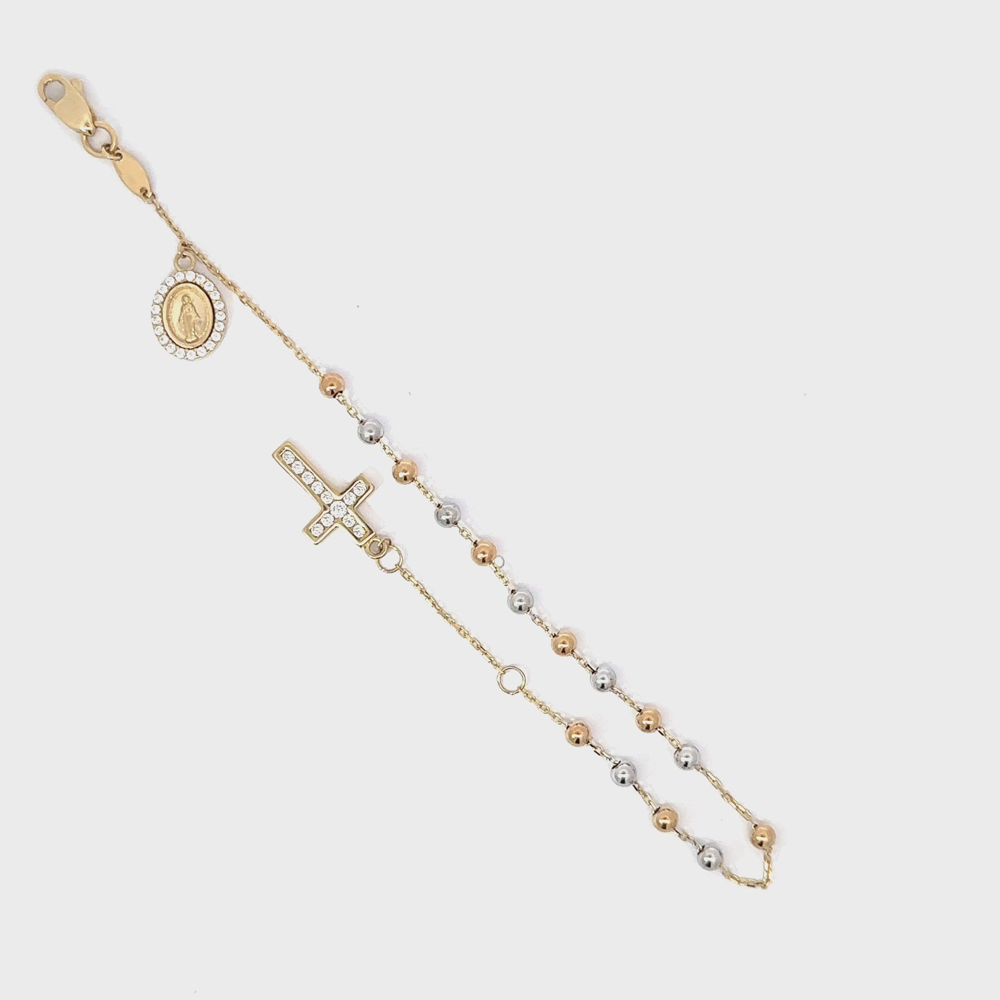 Rosenkranz 4mm Kugel-Armband, Kreuz und Amulett, 585 Gold